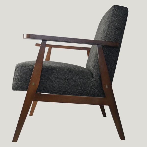 Fauteuil gris de style moderne du milieu du siècle avec structure en chêne brun foncé - siège minimaliste fait main d'inspiration vintage