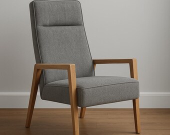 Handmade Oak Armchair YVA with Memory Foam – Gray Lounge Chair – Custom Upholstery – Scandinavian Wooden Chair