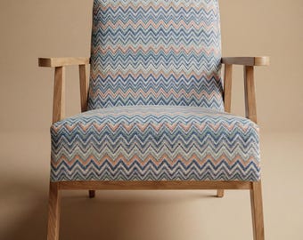 Mid-Century Modern Armchair | Solid Oak Wood Frame | Colorful Zigzag Upholstery | Handcrafted Retro Accent Chair