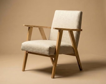 Handmade Oak Chair: Minimalist Linen-Cotton Upholstery