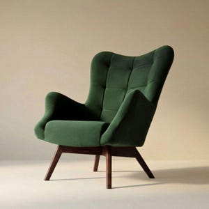 May include: A dark green upholstered armchair featuring a tufted backrest, curved armrests, and a high back design. The chair is supported by four angled wooden legs in a medium brown finish, providing a stable base for the seat structure.