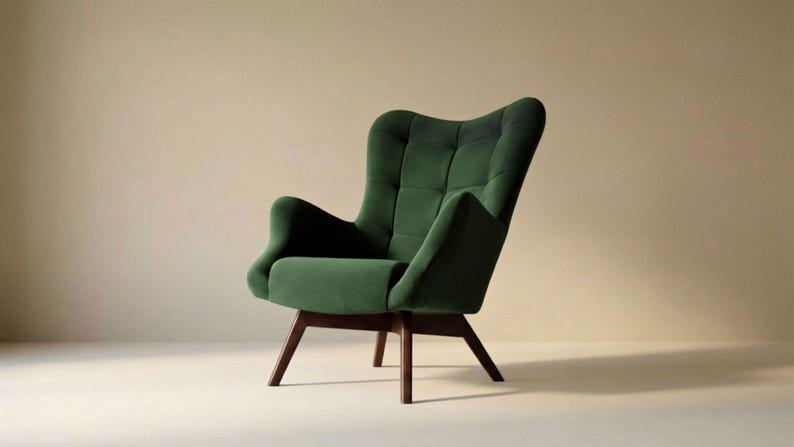 May include: A dark green upholstered armchair featuring a tufted backrest, curved armrests, and a high back design. The chair is supported by four angled wooden legs in a medium brown finish, providing a stable base for the seat structure.