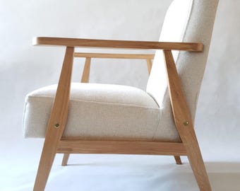 Poltrona in Rovere Massello | Design Mid-Century | Rivestimento Lino-Cotone | Artigianale