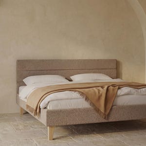 Upholstered Chenille Bed Frame | Solid Ash Wood Legs, Tall Headboard (Custom Sizes)