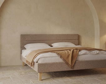 Upholstered Chenille Bed Frame | Solid Ash Wood Legs, Tall Headboard (Custom Sizes)