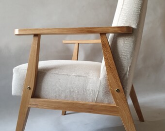 New Oak Armchair With Cream Beige Natural Fibre Upholstery