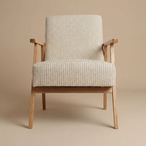 Sillón moderno de mediados de siglo / Estructura de madera maciza / Tapizado de pata de gallo de lino y algodón natural / Silla de salón artesanal imagen 1