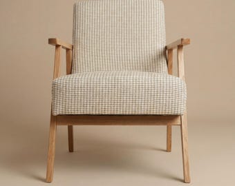 Mid-Century Modern Armchair | Solid Wood Frame | Natural Linen-Cotton Houndstooth Upholstery | Handcrafted Living Room Chair