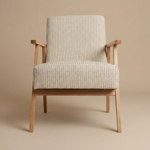 Mid-Century Modern Armchair | Solid Wood Frame | Natural Linen-Cotton Houndstooth Upholstery | Handcrafted Living Room Chair