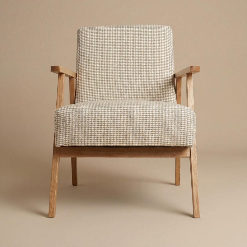 Sillón moderno de mediados de siglo / Estructura de madera maciza / Tapizado de pata de gallo de lino y algodón natural / Silla de salón artesanal imagen 1