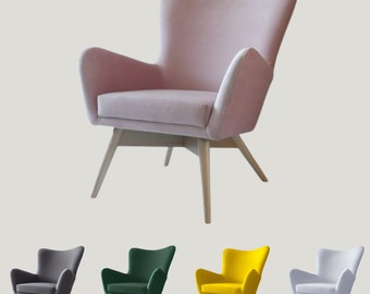 Konfigurierbarer moderner Sessel mit Beinen aus Buche - individuelle Polsterung in Farben und Ausführungen Ihrer Wahl
