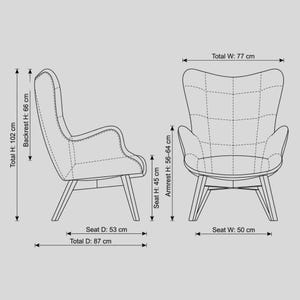 May include: A technical line drawing of an armchair shown from side and front views. Dimensions include a total height of 102 cm, backrest height of 66 cm, seat height of 45 cm, armrest height of 56-64 cm, total width of 77 cm, seat depth of 53 cm, and total depth of 87 cm.