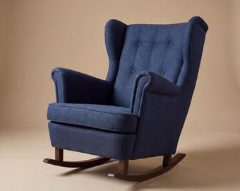Large Handmade Hybrid Wingback Chair: Classic Armchair + Rocking Chair in One