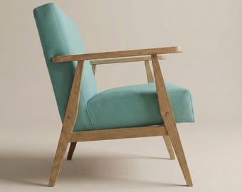 Handmade Mid-Century Modern Turquoise Armchair: Oak/Beech Wood