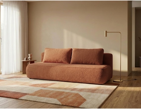 Bouclé Sleeper Sofa HAVO | Pull-Out Bed | Storage | Curved Design | Handmade