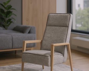 Handmade Oak Armchair YVA with Memory Foam – Gray Lounge Chair – Custom Upholstery – Scandinavian Wooden Chair