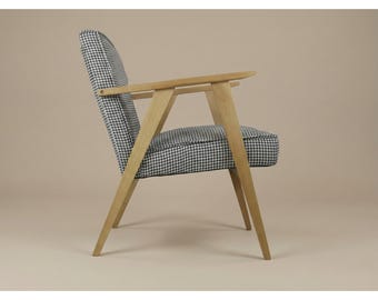 Mid-Century Oak Armchair: Houndstooth Fabric, Wooden Armrests
