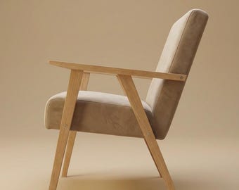 ENKEL | Mid-Century Velvet Armchair | Minimalist Wooden Frame | Custom Fabric & Wood Finish | Retro Lounge Chair