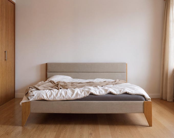 Featured listing image: Minimalist upholstered bed | Linen fabric available | Scandinavian bedroom furniture | Custom sizes | Minimalist design