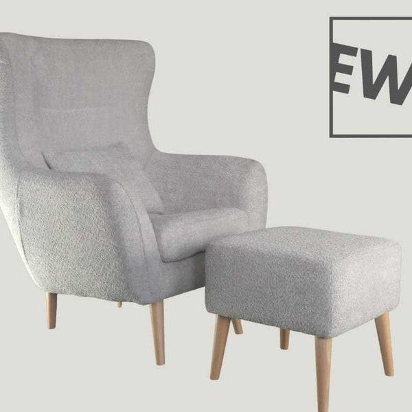 Gemütlicher Bouclé-Stoff Hybrid-Sessel - Großer Lounge-Sessel mit Fußstütze und Schaukeloptionen - Handgefertigt in Europa