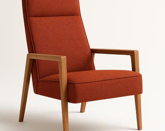 Orange Upholstered Armchair with High Backrest & Oak Frame, Scandinavian/Japandi Style,  Customizable Lounge Chair