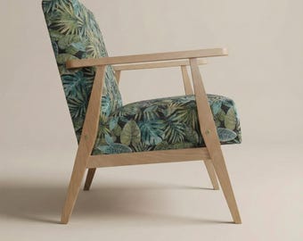 Tropical Leaves armchair with oak or beech wood body, a minimalist silhouette for any interior