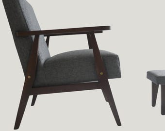 Armchair is made of solid wood / Choose your upholstery color/ Loft Retro Vintage OAK BEECH /Hand Made in EU / armchair with footrest