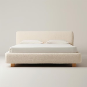 Cloud Bed – Bouclé gestoffeerd bedframe – Zacht modern platformbed – Minimalistisch en knus – Scandinavisch slaapkamermeubilair