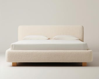 Cloud Bed - Bouclé upholstered bed frame - Soft modern platform bed - Minimalist cosy bed - Scandinavian style bedroom furniture.