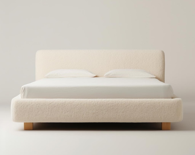 Featured listing image: Cloud Bed - Bouclé upholstered bed frame - Soft modern platform bed - Minimalist cosy bed - Scandinavian style bedroom furniture.