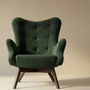 May include: A dark green upholstered armchair featuring a high, tufted backrest with a grid pattern, curved armrests, and a thick seat cushion. The chair is supported by four angled, dark brown wooden legs that provide a stable base for the seat.