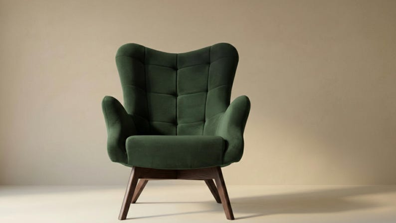 May include: A dark green upholstered armchair featuring a high, tufted backrest with a grid pattern, curved armrests, and a thick seat cushion. The chair is supported by four angled, dark brown wooden legs that provide a stable base for the seat.