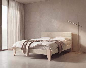 Cream Faux Leather Bed Frame | Solid Beech Wood, Minimalist Japandi Style