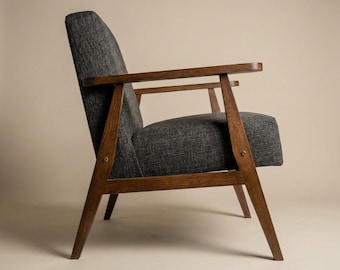 Handmade Grey Armchair: Mid-Century Modern Style, Dark Oak Frame