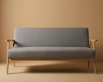 Sofa with wooden armrests inspired by mid century modern - customisable retro vintage style