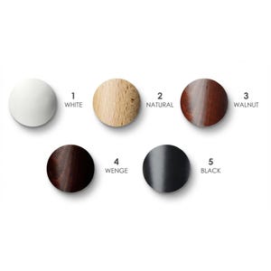 May include: Five circular wooden knobs arranged in a grid. The colours are labelled as 1 White, 2 Natural, 3 Walnut, 4 Wenge, and 5 Black. Each knob has a smooth, rounded surface and is presented against a plain background to show the colour options.