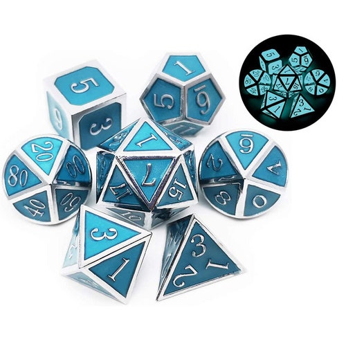 Haxtec Glow in The Dark D&D Metal Dice Set of 7 Die for Dungeons and Dragons Roleplaying Games-Silver Glowing Blue V2 Metal Dice 