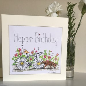 Birthday card for dog lovers and cyclists, Morris the Dog Pees up a Bike, an original painting of a bicycle and Morris the Dog, humorous