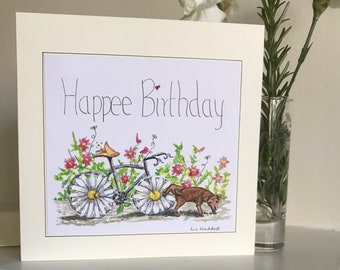 Birthday card for dog lovers and cyclists, Morris the Dog Pees up a Bike, an original painting of a bicycle and Morris the Dog, humorous