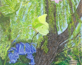 Keyworth in Spring, any occasion card, bluebells and weeping willow, apple blossom and butterfly, from an original painting by Liz Waddell