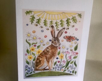 Easter Card, Easter Hare, Springtime flowers, bumble bees, pretty card from hand painted original by Liz Waddell