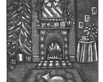 Pack of 6 Christmas Cards with a cosy cat in front of fire