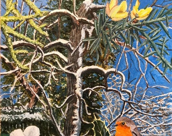 Keyworth in Winter greetings card, robin, snowy tree, gorse and Christmas rose, printed locally from an original painting by Liz Waddell