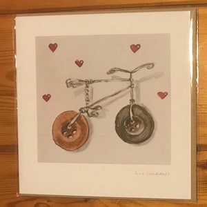 Valentinstag für Radfahrer, Fahrrad-Liebhaber, süßes Knopf Fahrrad, recycelte Karte, kompostierbare Tasche, nach einem Originalgemälde von Liz Waddell