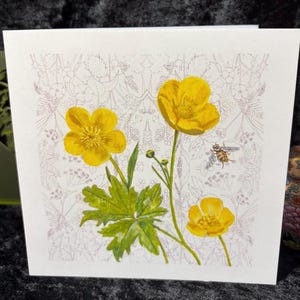 Puede incluir: Tarjeta de felicitación cuadrada con una ilustración en acuarela de ranúnculos amarillos y hojas verdes. Una abeja vuela cerca de las flores. El fondo tiene un sutil estampado floral en lavanda y blanco.