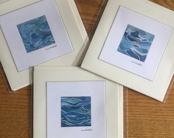 Original paintings, aspects of water, Set of 3 greetings cards, blue water sea scenes