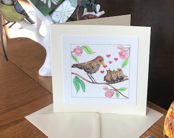 Hand Painted Mother's Day Card, choose from 3, 2 or 1 baby birds, mummy bird feeds babies, pretty apple blossom and hearts surround