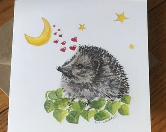 Hedgehog card, hedgehog lovers card, love you to the moon card, from original painting by Liz Waddell, hedgehog valentines, hedgehog love