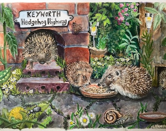 Hedgehog Highway Keyworth, greetings card with hedgehogs, pretty garden for hedgehog lovers