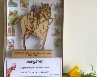 Model Horse. Songster, Loughborough's Own War Horse, Wooden Laser cut Commemorative Figurine of this Special Horse. Limited Edition.